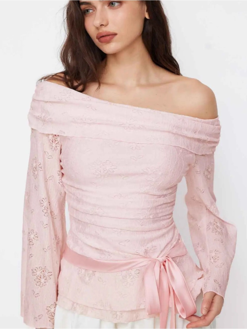 Cider Light Pink Off-Shoulder Daisy Lace Blouse - Picture 8 of 8